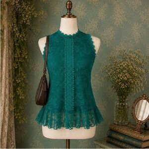 Knit Works Lace Peplum Tank Top Sz L 14 Teal Floral Crochet Trim Coquette Boho